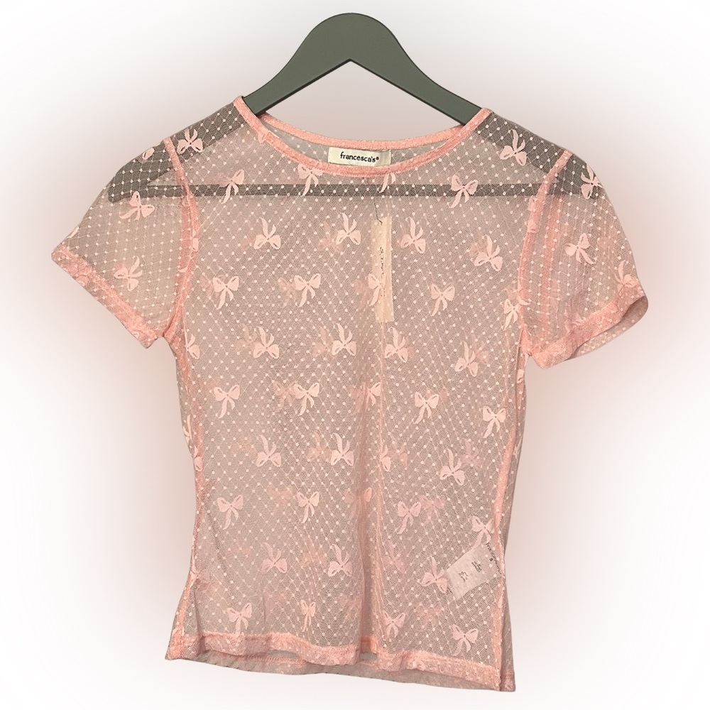 Francesca's Women's Bows & Dots Sheer Mesh Top Size S Pink Cute Fairy Romantic